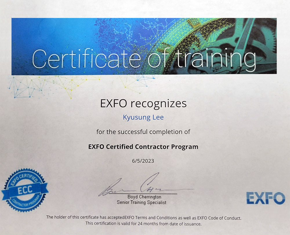 EXFO Certified Contractor Certificate
